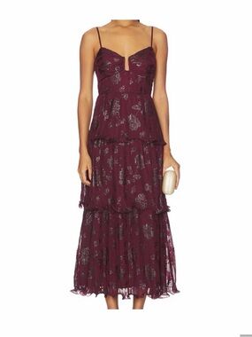 Astr Burgundy Metallic-Print Tiered Midi Dress